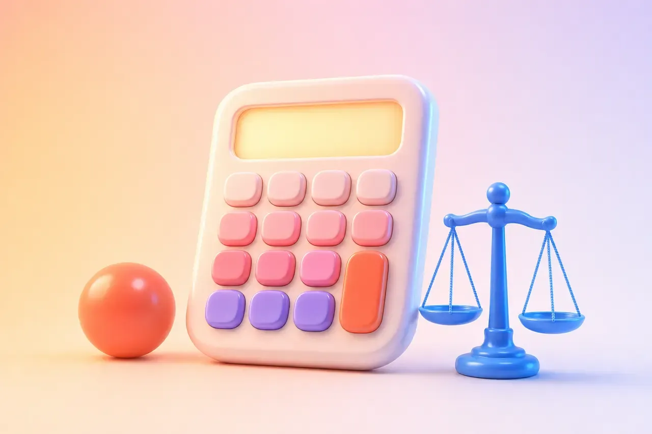 A glossy calculator with blank rounded keys, a small blue balance scale and a coral ball