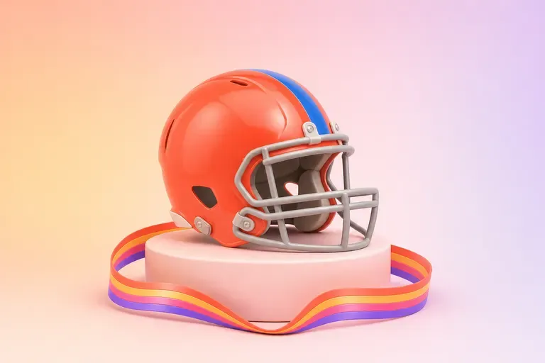 An orange football helmet with a blue stripe on a round pedestal, circled by a striped ribbon