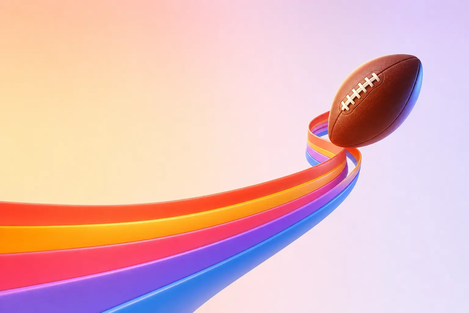 A glossy football flying top right at the end of a five-colour ribbon that rises from the left