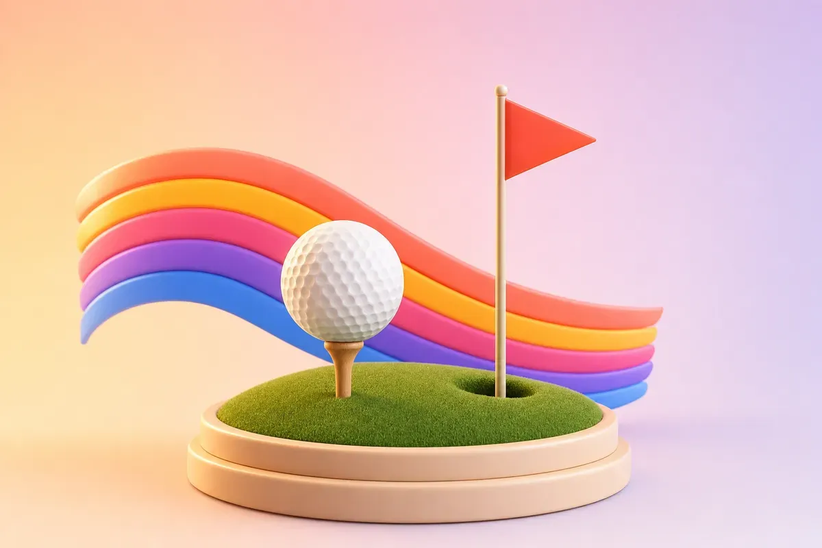 A golf ball on a wooden tee on a mound of turf, with a coral flagstick beside the hole