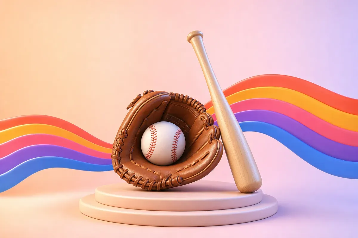 A baseball in the pocket of a brown leather glove, with a wooden bat leaning beside it