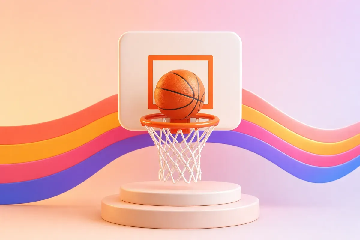 A basketball resting in the orange rim of a hoop with a white net and a small backboard, on a round pedestal
