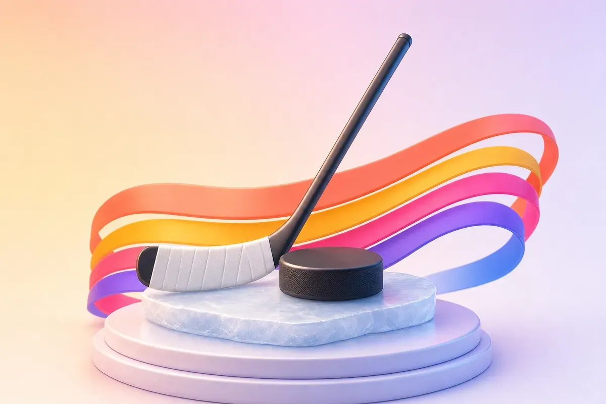 A black hockey puck and a taped hockey stick on a small slab of ice