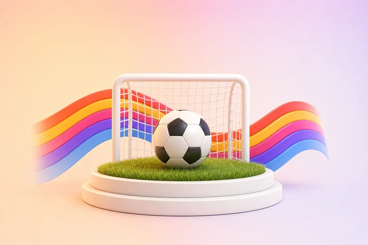 A soccer ball on a patch of grass in front of a small white goal with a net