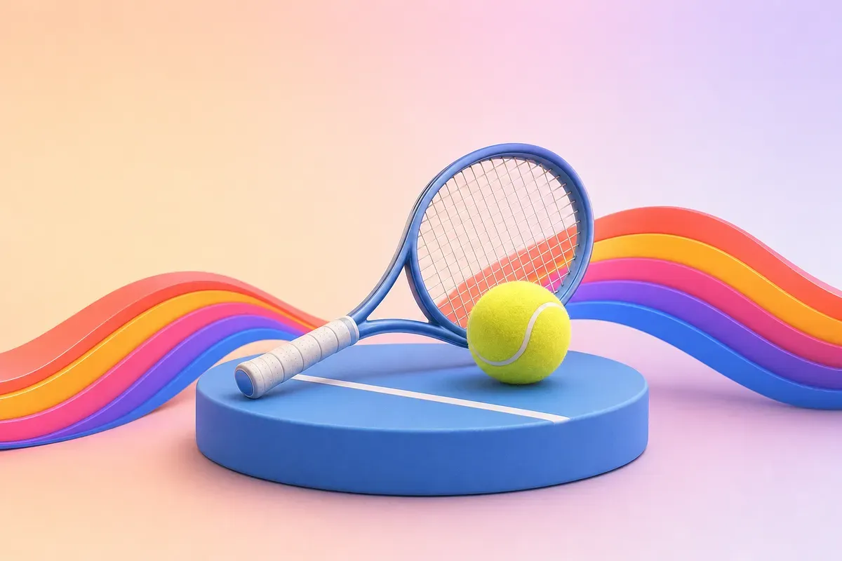 A tennis ball beside a blue racket on a round pedestal styled like a hard court