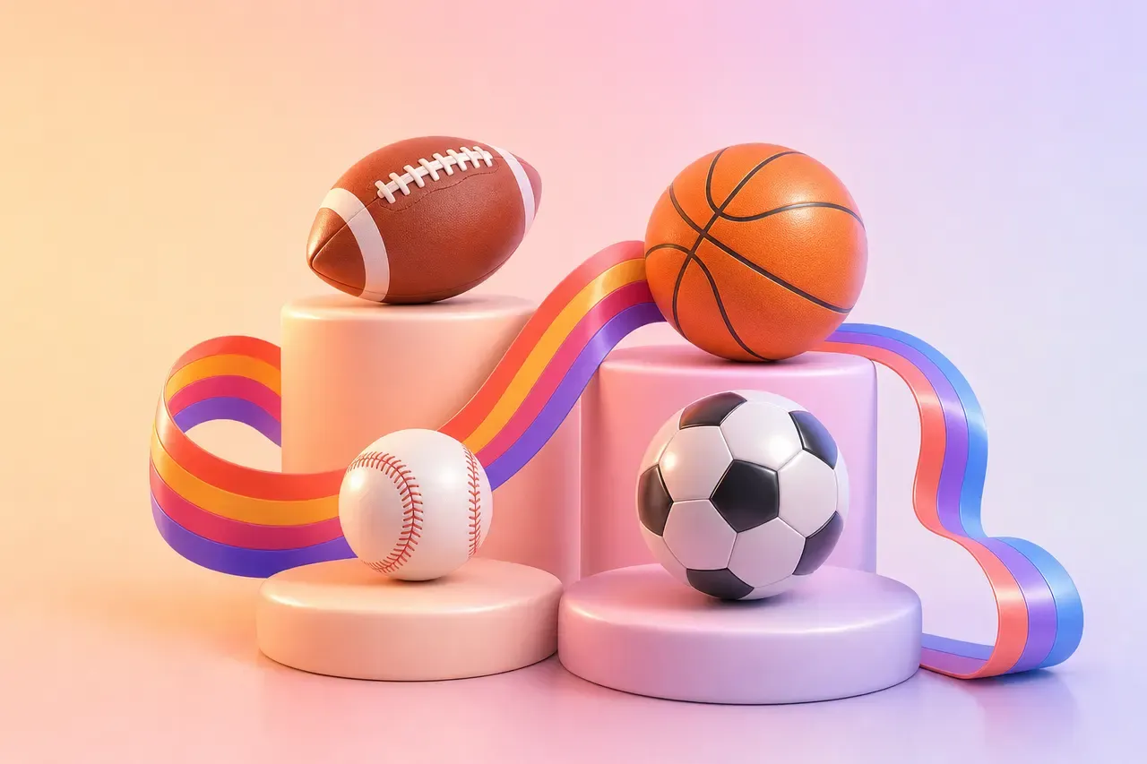 An American football, a basketball, a baseball and a soccer ball on rounded pedestals, looped by a striped ribbon