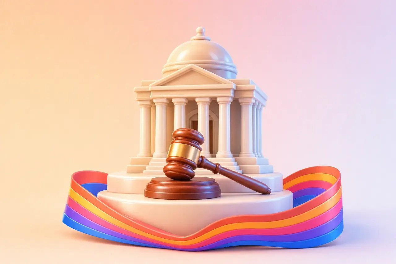 A columned government building with a small dome and a gavel on its block, ringed by a striped ribbon