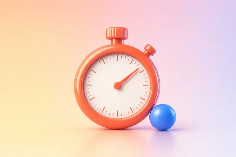 An orange stopwatch with its hand just past the start, beside a small blue ball