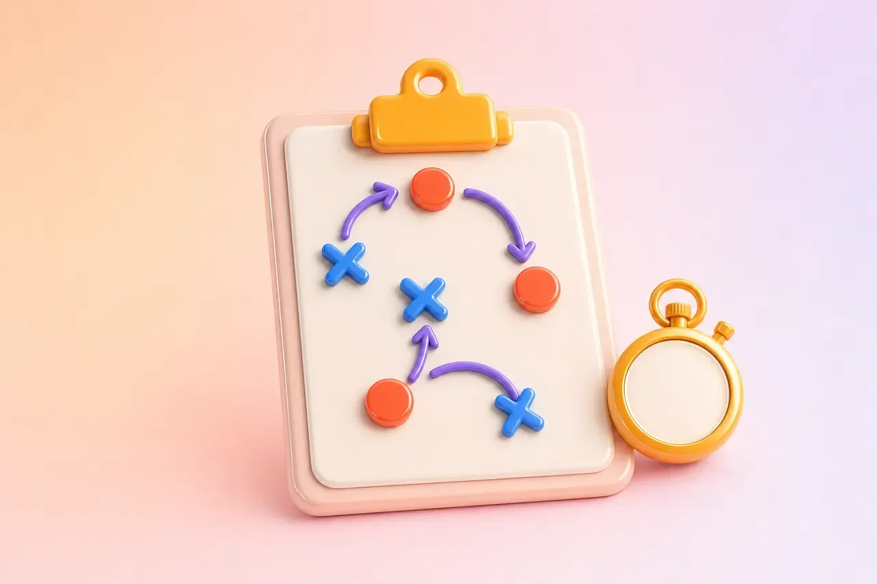 A clipboard with a play diagram of coral circles, blue crosses and curved violet arrows, next to a stopwatch